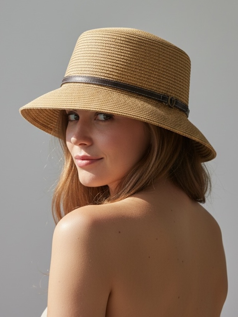 Nine West Tan Straw Cloche with Dark Brown Band
